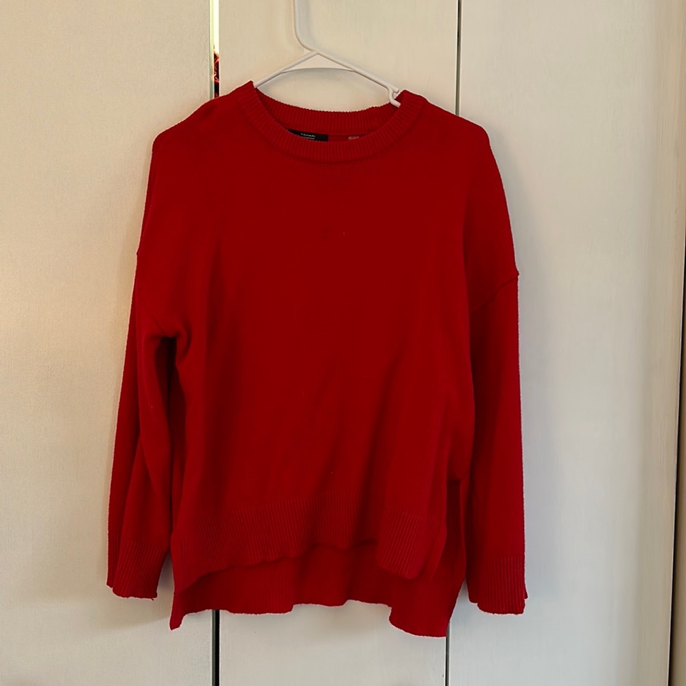 Bright red sweater, good for Christmas